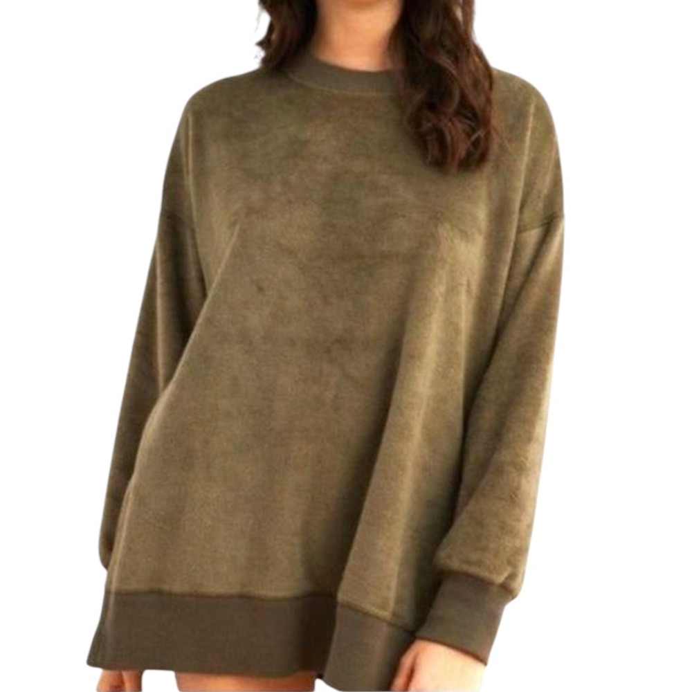 AERIE Coziest Oversized DESERT SWEATSHIRT Long Side Slits FUZZY FLEECE Olive XS